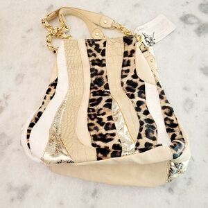 NWT Carlos Santana Beige and Animal Print Faux Leather Bucket Bag